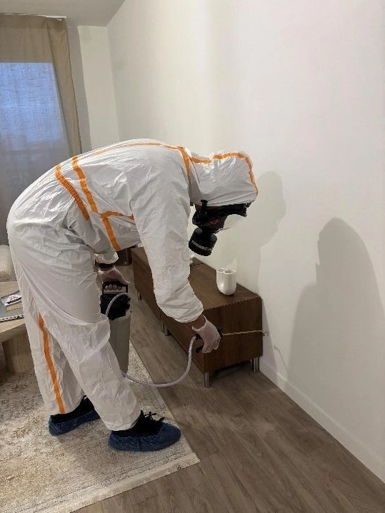 Homme pulvérisant un mur